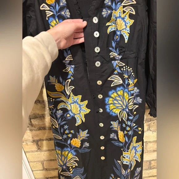 new Farm Rio stitched garden black floral midi long sleeve dress - Picture 5 of 8